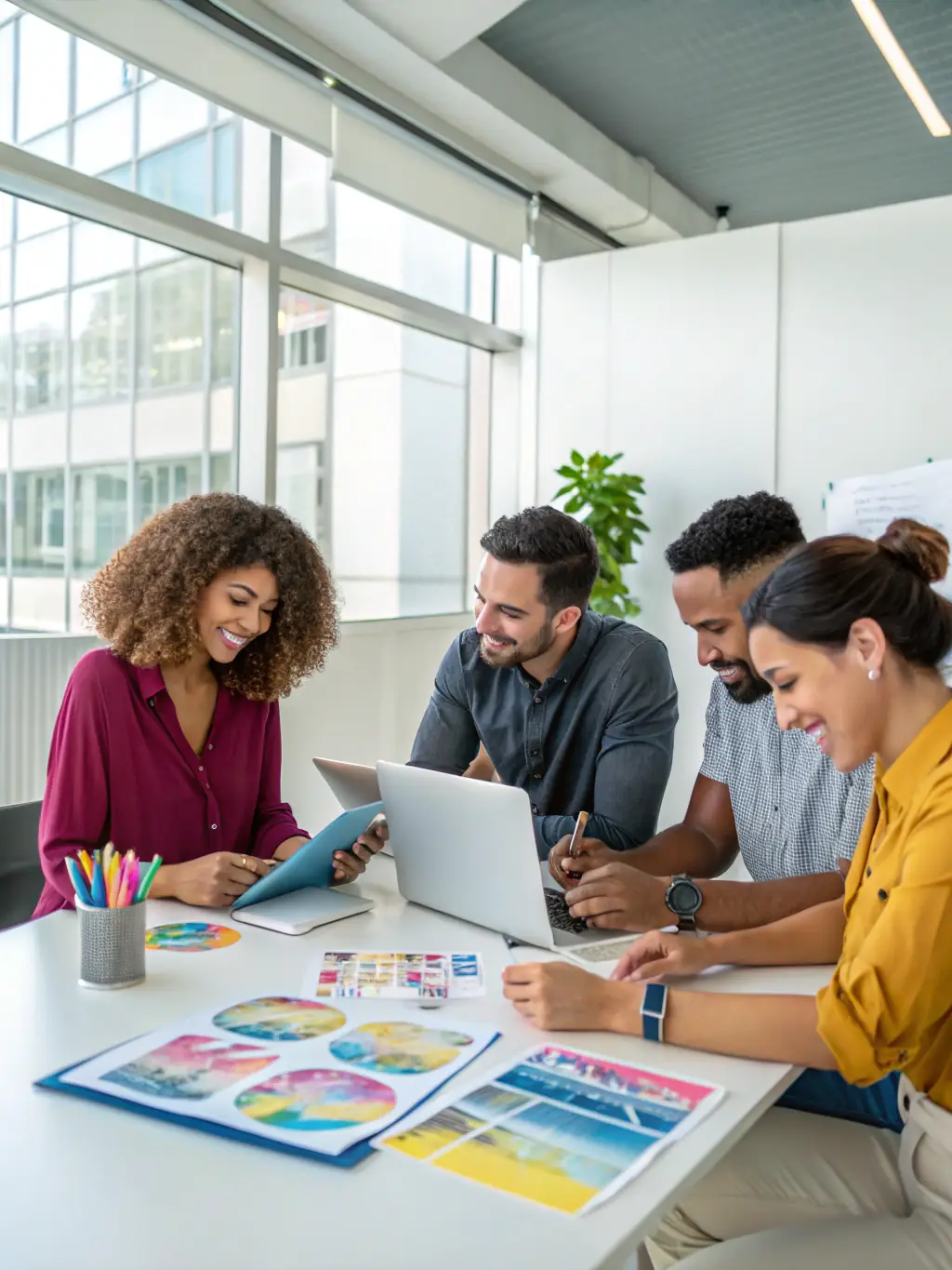 A professional photo of a team brainstorming reputation management strategies in a modern office setting, emphasizing collaboration and expertise.